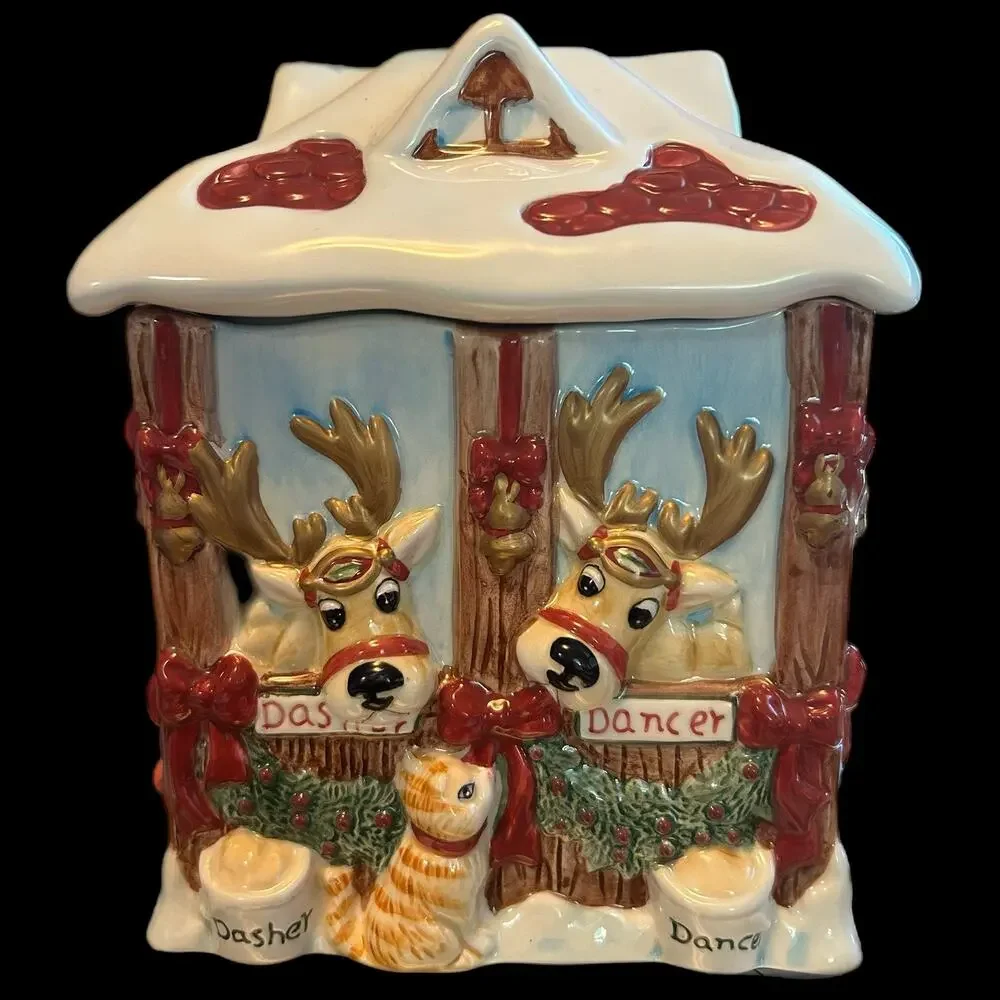Vintage Fitz and Floyd DEER SANTA Candy Jar/Christmas decor EUC